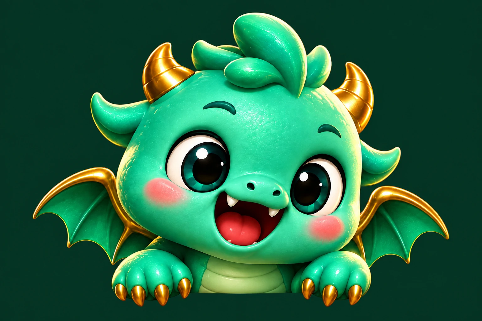 Friendly emerald dragon leaning over the table