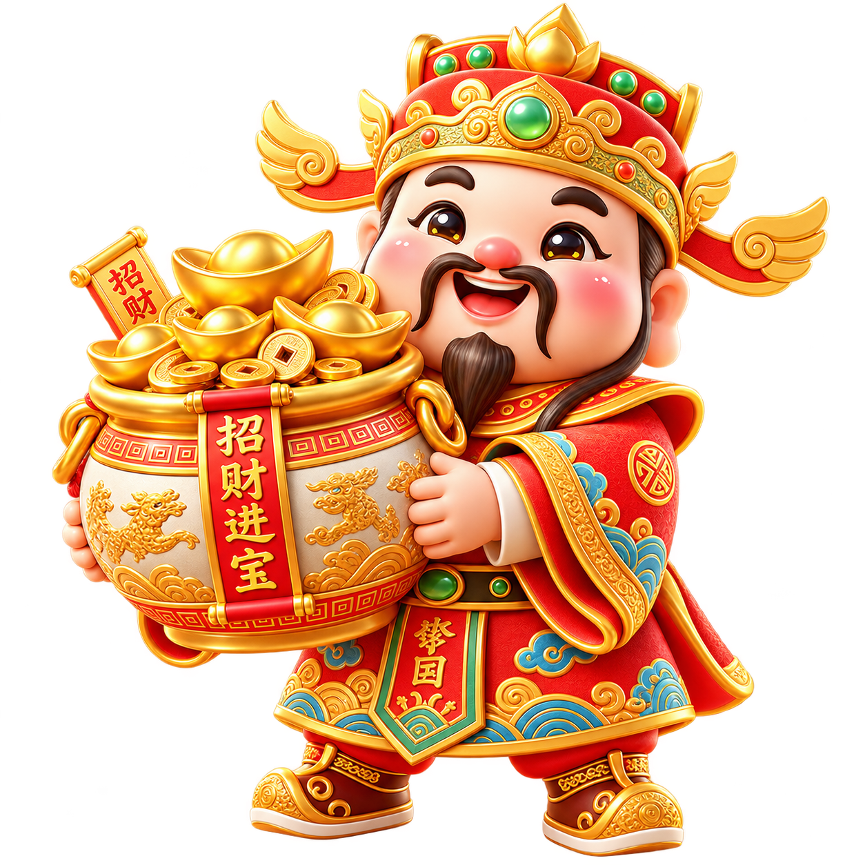 Cute Cai Shen holding a golden pot overflowing with ingots