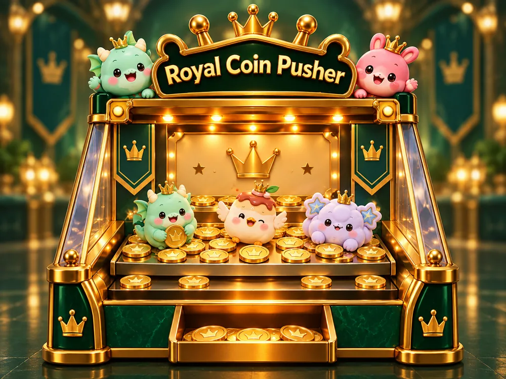 A simple gold and green coin-pusher machine with cute monster mascots